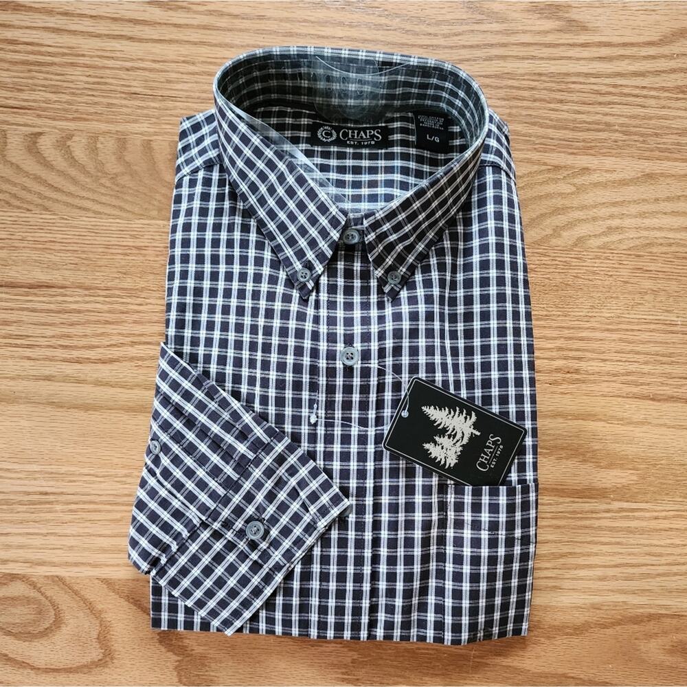 NWT Chaps Men's Plaid Button Down Shirt Black & White Size Large